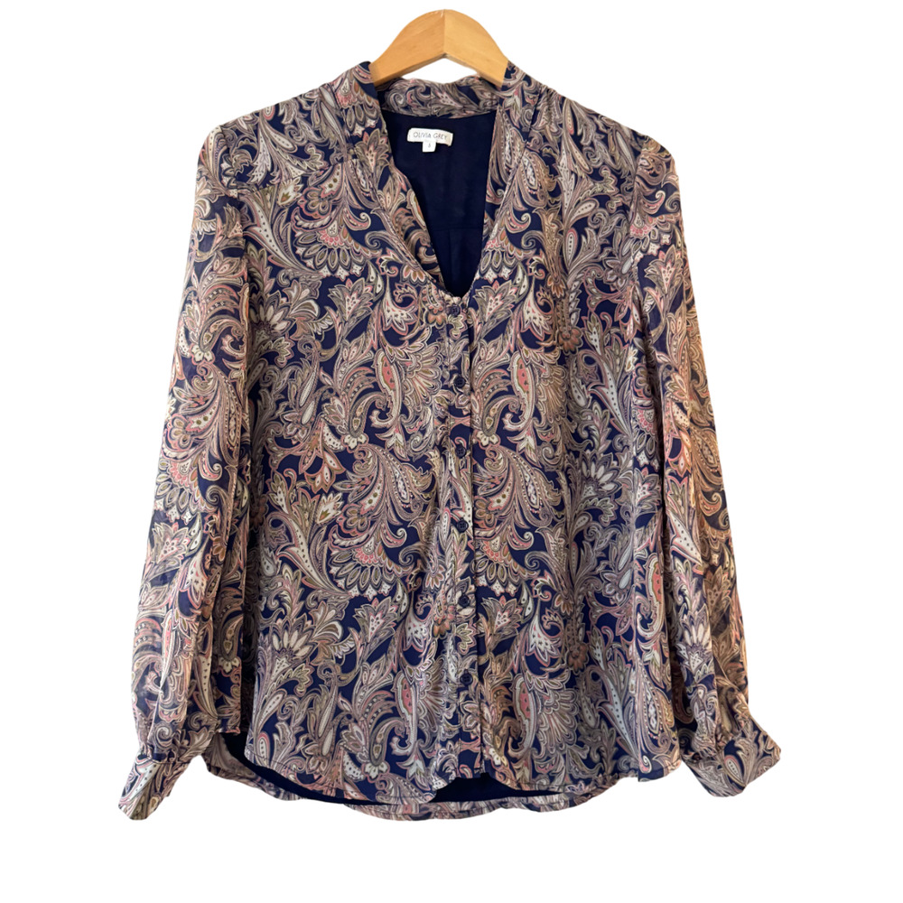 Olivia Grey Paisley Tie Neck Blouse‎